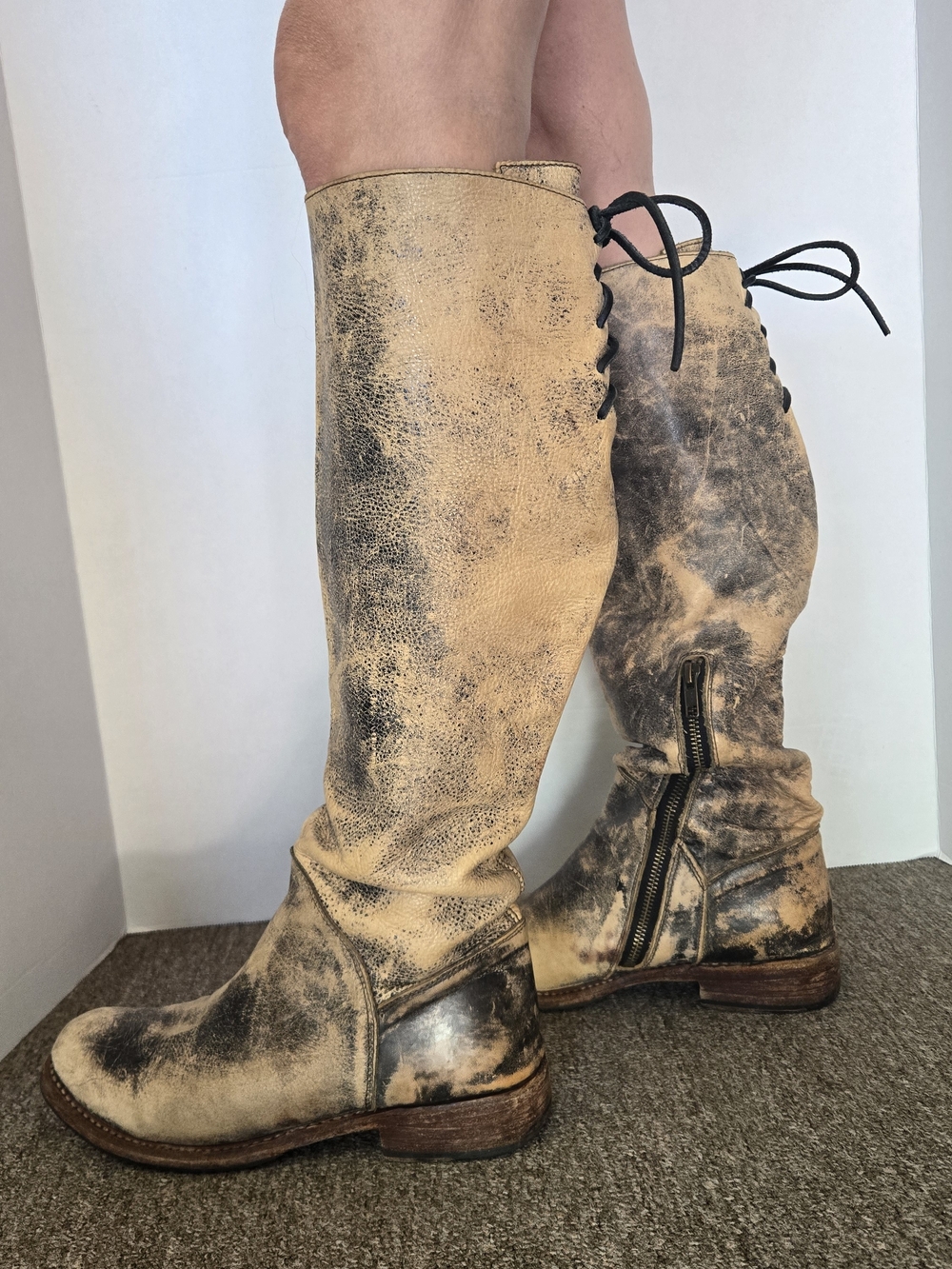 BED|STU Distressed Tan and Black-Wash Over-the-Knee Leather Boots - Picture 6 of 10